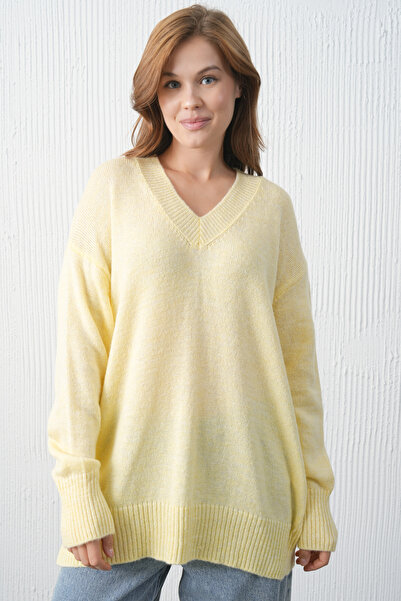 barış sülün lovebox Women's Knitwear Fabric V-Neck Long Oversized Yellow Swea...