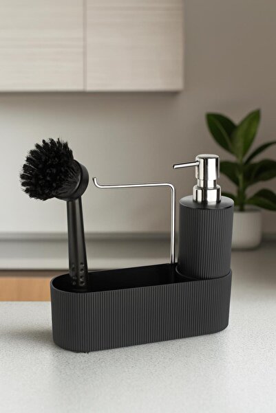 İLİVA Siyah Çok Amaçlı Sabunluk Mutfak Lavabo Düzenleyici Set-Plastik Çizgili...