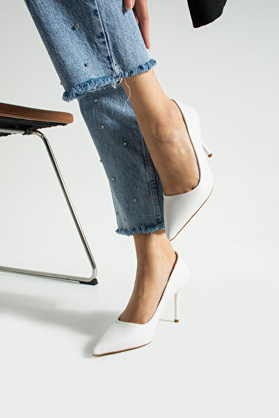 Güllü Shoes White Matte Stiletto Shoes - Pointed Toe Stylish Comfortable Women's Evening Dress Heeled Shoes