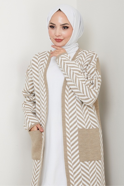 Bestenur Stripe Detailed Knitwear Cardigan 1604 - Stone