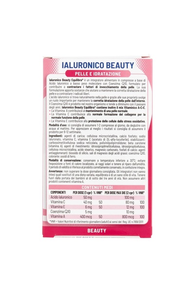Equilibra Hyaluronic Beauty, Supplement with Hyaluronic Acid, Vitamins, Q10 for toned skin, 30 tablets