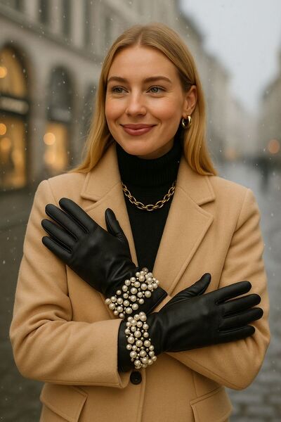 FELLMENS قفازات نسائية من الجلد الصناعي باللون الأسود مع لؤلؤ عند الكاحل