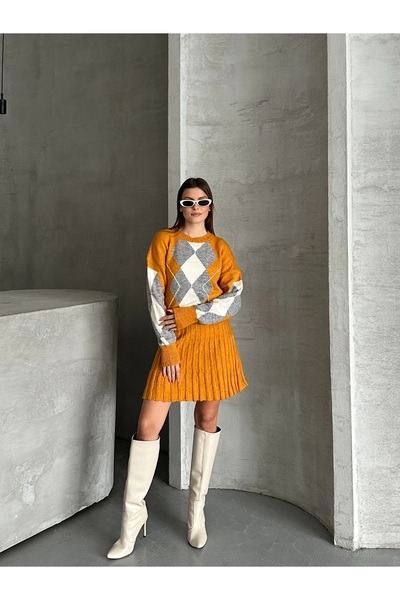 Knitoryx Women's Diamond Patterned Knitwear Sweater Skirt Set – Oversize Model |