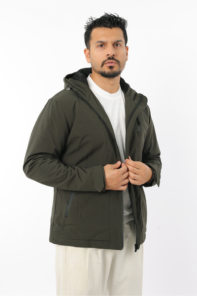 Rodrigo Men's Fur-Lined Windproof Softgel Fabric Hooded Zippered Coat