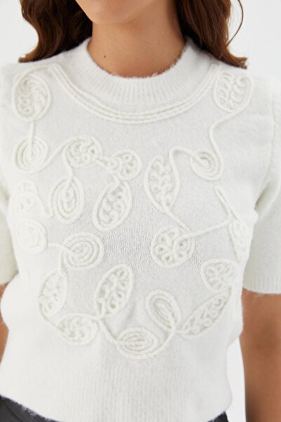 Shopping Shop Embossed Patterned Short Sleeve Blouse Ecru