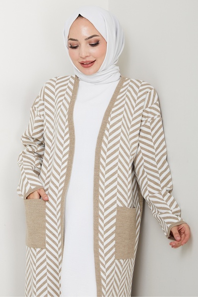 Bestenur Stripe Detailed Knitwear Cardigan 1604 - Stone