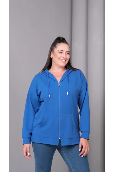 Seviliko Kadın Büyük Beden Kapüşonlu Kanguru Cepli Fermuarlı Yırtmaç Detaylı ...