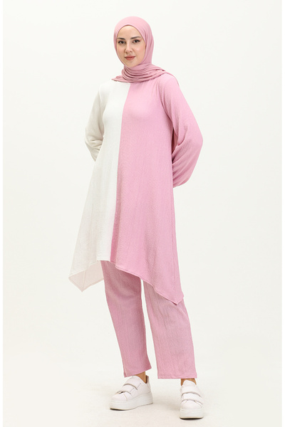 sefamerve Ασύμμετρο Παντελόνι Τουνίκ Διπλό Σετ 3015-01 Εκρού Dusty Rose