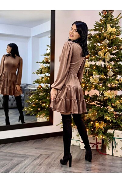 RAMONA BADESCU EXCLUSIVE Women's velvet dress – elegant short dress with ruffles and long sleeves