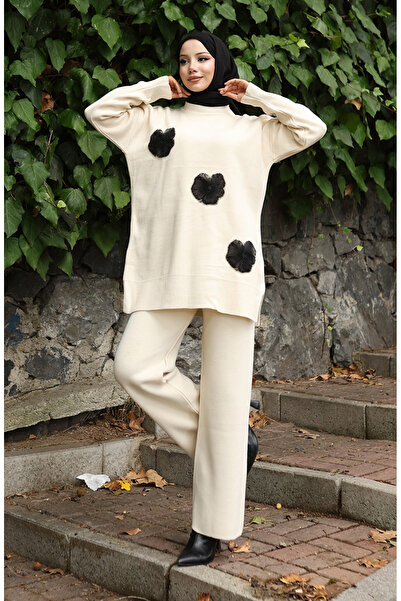 sefamerve Knitwear Beaded Tunic Trousers Double Set 1016-08 Beige