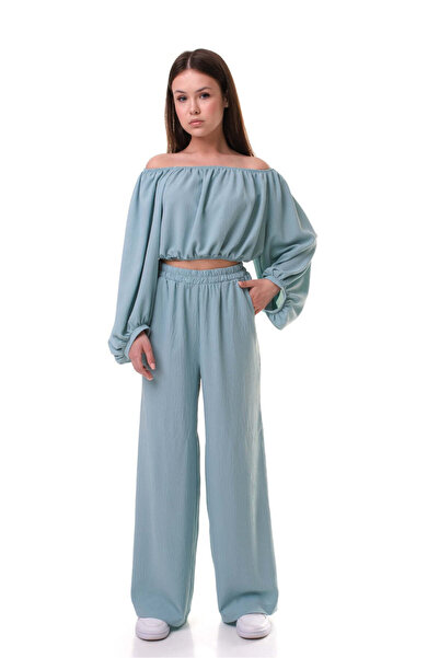 SOLLUXE ISLA - Set made of airy material, crop top and wide pants, blue, 134
