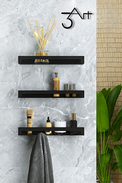 3art Metal 3’lü Banyo Rafı – Duvar Tipi Organizer - Siyah Şık Şampuan ve Aksesuar Raf Seti - Paslanmaz Metal