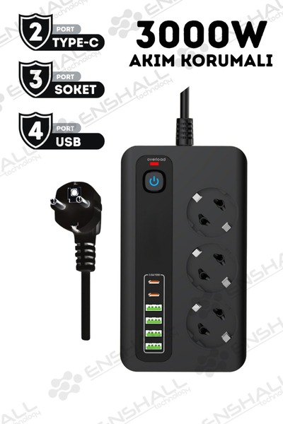 Enshall PRO P10 3X Priz 3000W Akım Korumalı 4X Usb 2X Type-c Girişli Çoklu Priz SİYAH