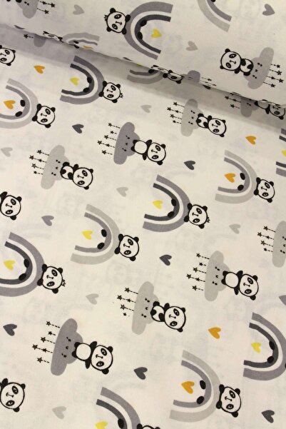 SAYGILI Gri Gökkuşağı Panda Flanel Pazen Kumaş