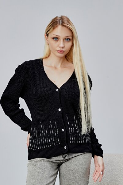 LUGMO Women's Knitwear Cardigan Stoned Standard Size Black