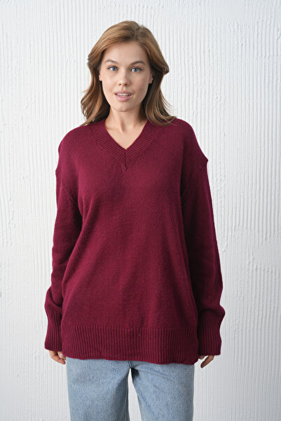 WOMAN VISION Women's Burgundy Knitwear Fabric V-Neck Oversize Sweater 4093