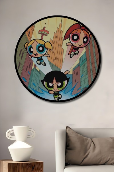 Teona Ahşap Dekoratif Ahşap Yuvarlak Çerçeve Görünümlü Tablo Powerpuff Girls