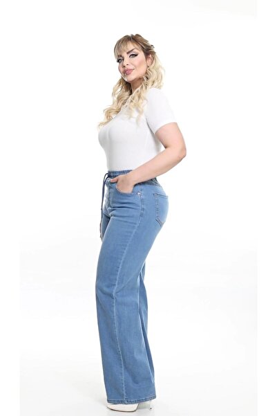 LİYACA BELİ LASTİKLİ YÜKSEK BEL BOL PAÇA BÜYÜK BEDEN KOT JEANS