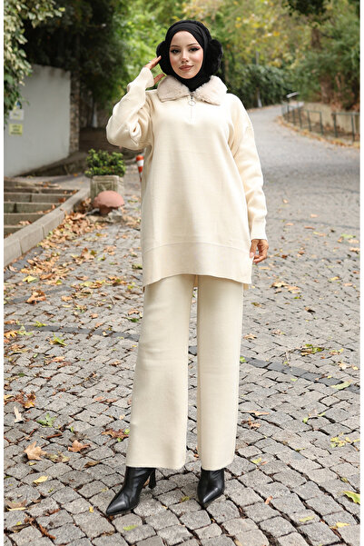 sefamerve Knitwear Fur Collar Tunic Trousers Double Suit 1059-01 Beige