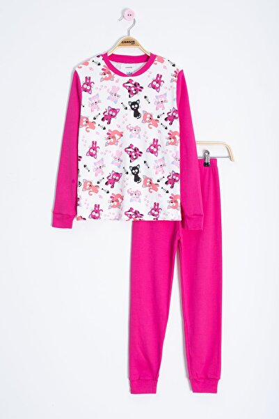 Cansın Mini Fuchsia Cat Patterned Girls' Pajama Set 22767