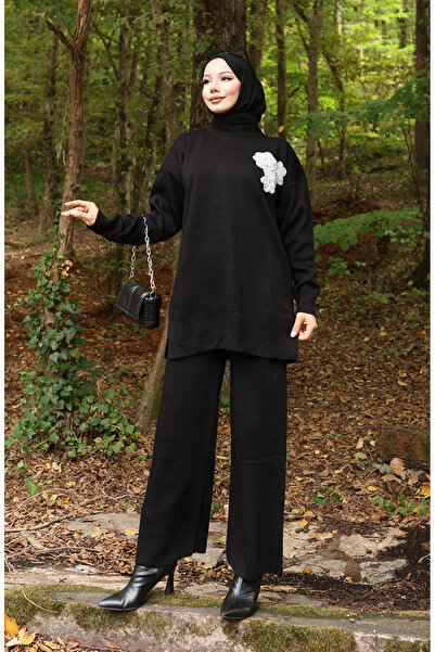 sefamerve Triko Boncuk İşlemeli Tunik Pantolon İkili Takım 1021-08 Siyah
