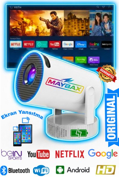 Maybax PRO MAX Taşınabilir Dahili Bataryalı Wifi Bluetooth Ekran Yansıtma Android Sinema Projektör Ultra HD
