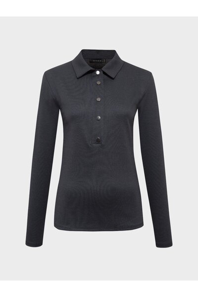 RİVUS Classic Collar Snap Detail Long Sleeve Blouse - Navy Blue
