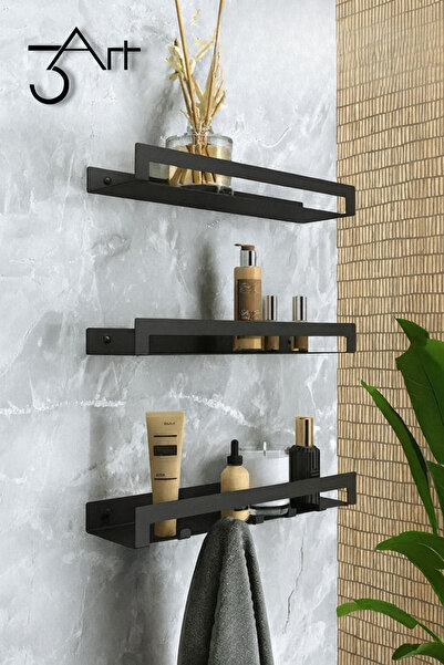3art Metal 3’lü Banyo Rafı – Duvar Tipi Organizer - Siyah Şık Şampuan ve Aksesuar Raf Seti - Paslanmaz Metal
