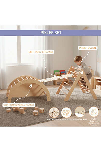 Pooki playroom Montessori Pikler Seti- pikler halkası,pikler üçgeni,çift taraflı rampa