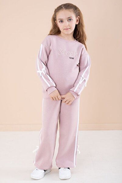 Cansın Mini Σετ αθλητικής φόρμας για κορίτσια με κεντημένη ρίγα σολομού με λεπτομέρεια από στρας 23239