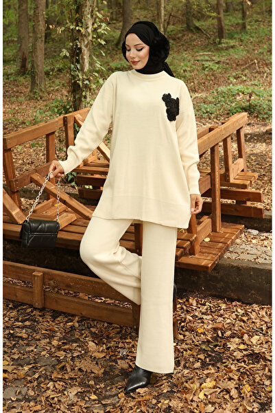 sefamerve Triko Boncuk İşlemeli Tunik Pantolon İkili Takım 1021-01 Bej
