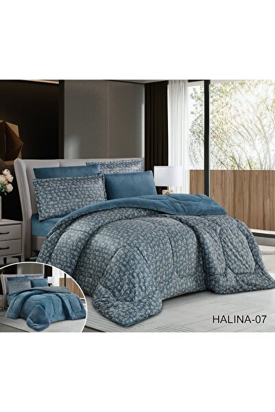 Roshen Winter double bedspread set, 6 pieces, with one side made of plain velvet and the other made of patterned fur. Luxury for you and elegance for your room decor, 220*240