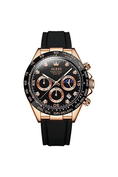 OLEVS Ceas bărbătesc cuarț din silicon, analogic, cu dată, cronograf, negru