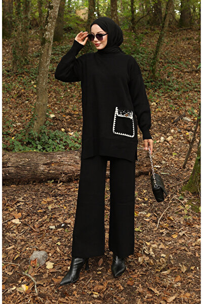 sefamerve Strickwaren İinci Detaillierte Tunika-Hosen-Kombination Zweiteiliges Set 1025-02 Schwarz