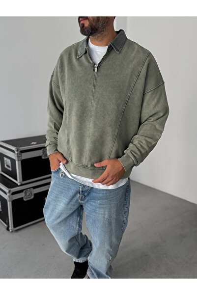 BYBASICMAN Χακί φούτερ με μισό φερμουάρ που πλένεται YP-5011