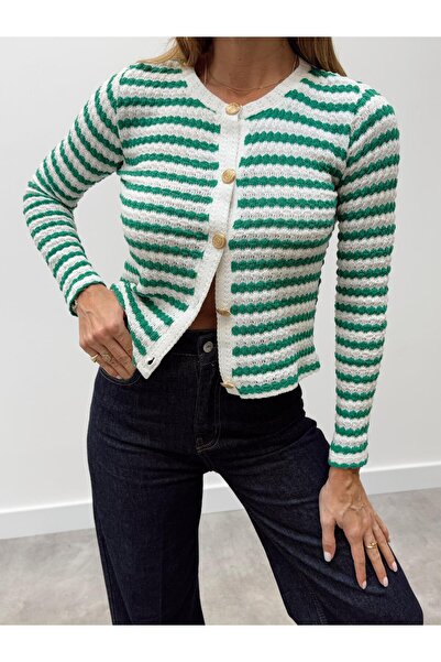 Maldia Shop Women's Gold Button Knitwear Green Cardigan