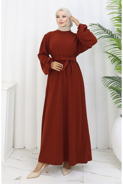sefamerve Belted Dress with Elasticated Sleeves 2161-03 Tile