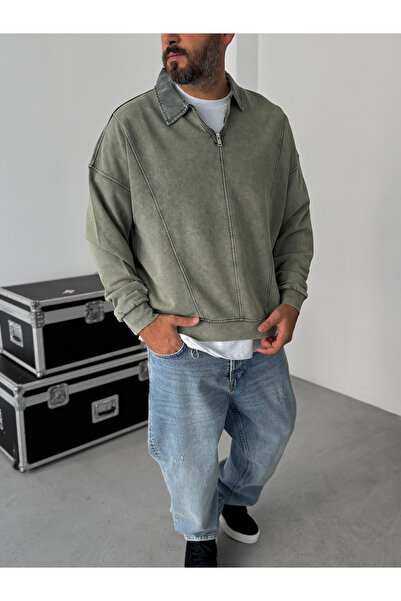 BYBASICMAN Χακί φούτερ με μισό φερμουάρ που πλένεται YP-5011