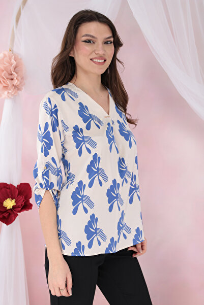 Trend Land Bluza lejera alba cu anchior si print abstract albastru