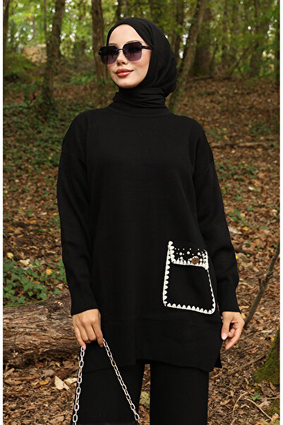 sefamerve Strickwaren İinci Detaillierte Tunika-Hosen-Kombination Zweiteiliges Set 1025-02 Schwarz