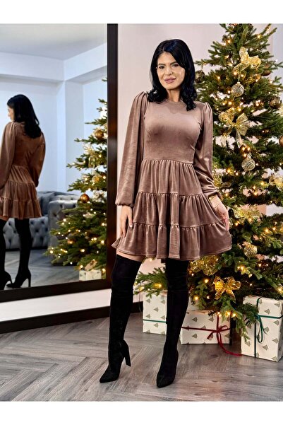 RAMONA BADESCU EXCLUSIVE Women's velvet dress – elegant short dress with ruffles and long sleeves