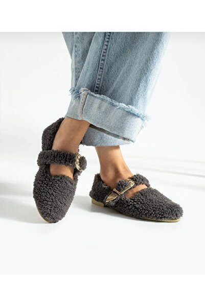 PABUCH Women's Buckled Belted Flat Shoes Suitable for Indoor and Outdoor Use Furry Plush Comfortable Stylish