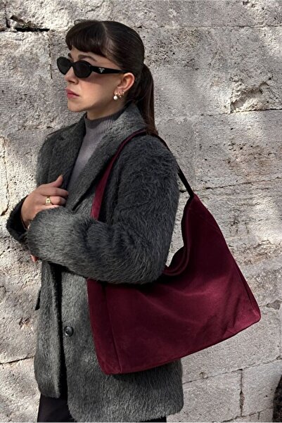 cosybag. Women's Large Size Zippered Suede Shoulder Bag Burgundy