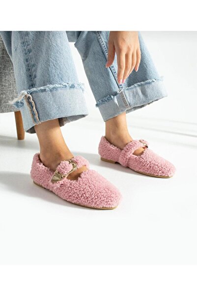 PABUCH Women's Buckled Belted Flat Shoes Suitable for Indoor and Outdoor Use Furry Plush Comfortable Stylish