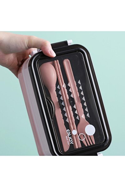 AZMarkeT Cutie dublă pentru prânz, rezistentă la scurgeri, set de tacâmuri și bețișoare, roz, LUNCH BOX