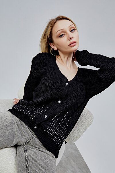 LUGMO Women's Knitwear Cardigan Stoned Standard Size Black