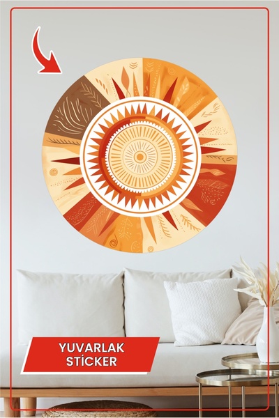 KOSS Dijital Autocolant rotund cu model etnic de soare în tonuri de portocali...