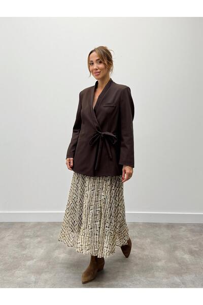 Maldia Shop Women's Double Breasted Belted Tie-Up Brown Jacket