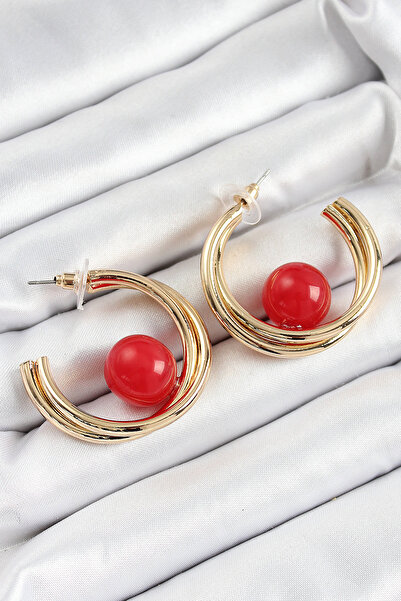 MAU CAT Brass Gold Color Hoop Model Red Bead Detail Women's Earrings