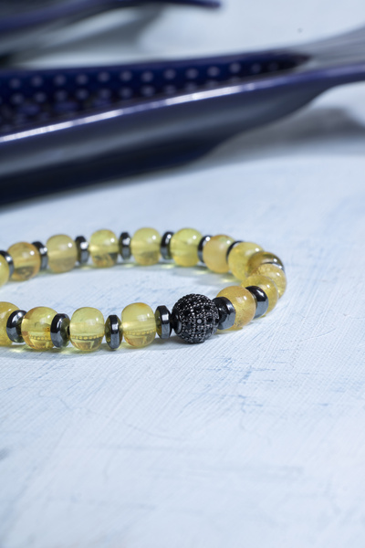 Deniz Doğal Taş Certified Amber and Hematite Natural Stone Bracelet